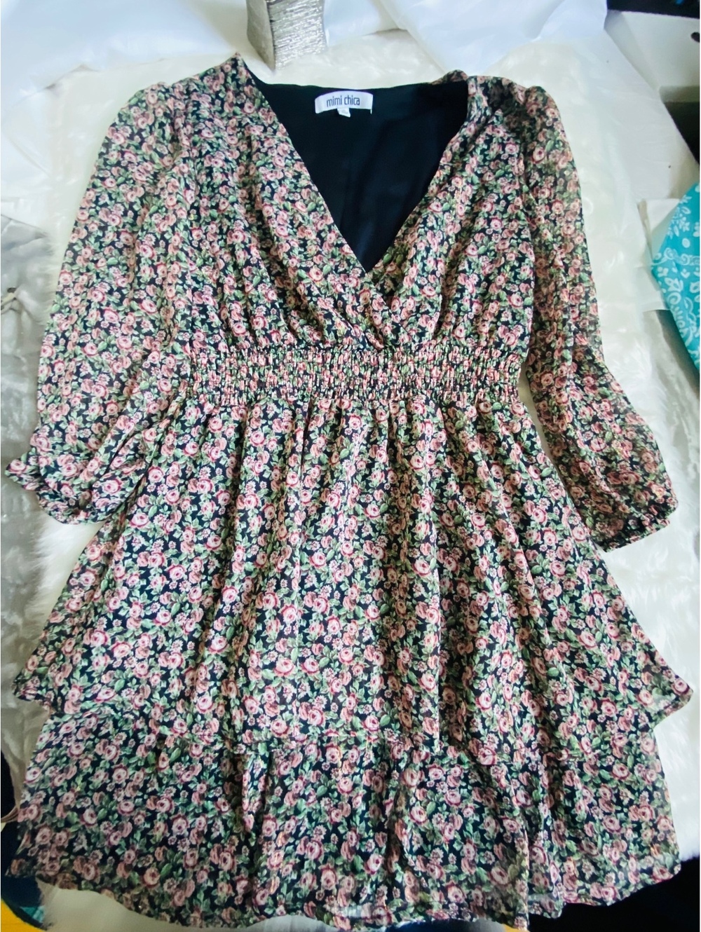 Mimi Chica Floral Print Midi Dress with Smocked Waist and V-